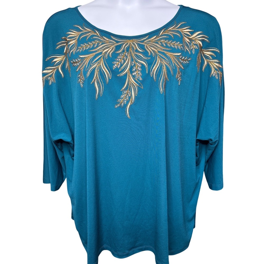 BOB MACKIE Wearable Art Teal Blue‎ Embroidered Blouse 3X Glam-Chic Rhinestones